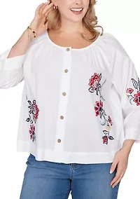 Plus Floral Embroidered Poplin Button Front Top