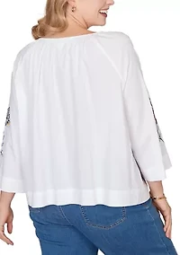 Plus Floral Embroidered Poplin Button Front Top
