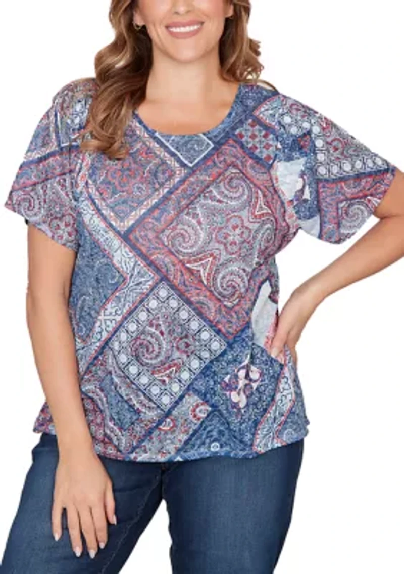 Plus Patchwork Shirred Scoop Neck Shirt