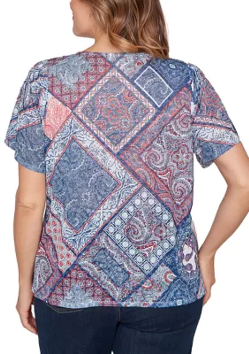 Plus Patchwork Shirred Scoop Neck Shirt