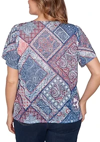 Plus Patchwork Shirred Scoop Neck Shirt