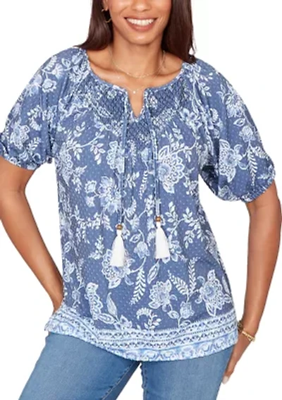 Petite Smocked Floral Clip Dot Top
