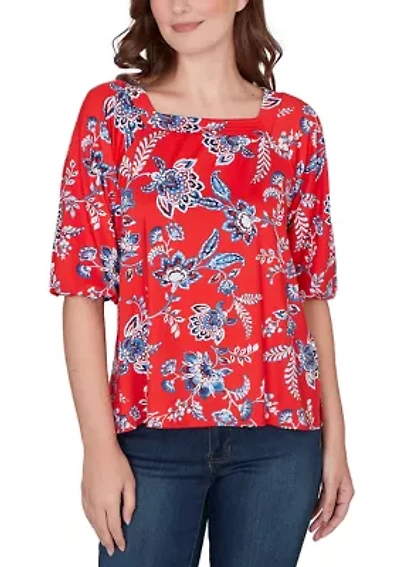 Petite Square Neck Floral Puff Print Top