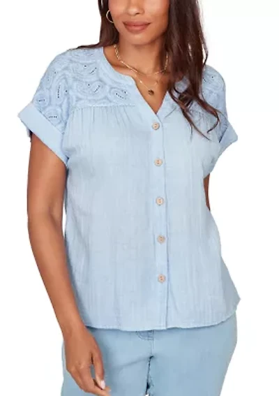 Petite Paisley Embroidered Gauze Button Top