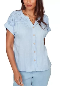 Petite Paisley Embroidered Gauze Button Top