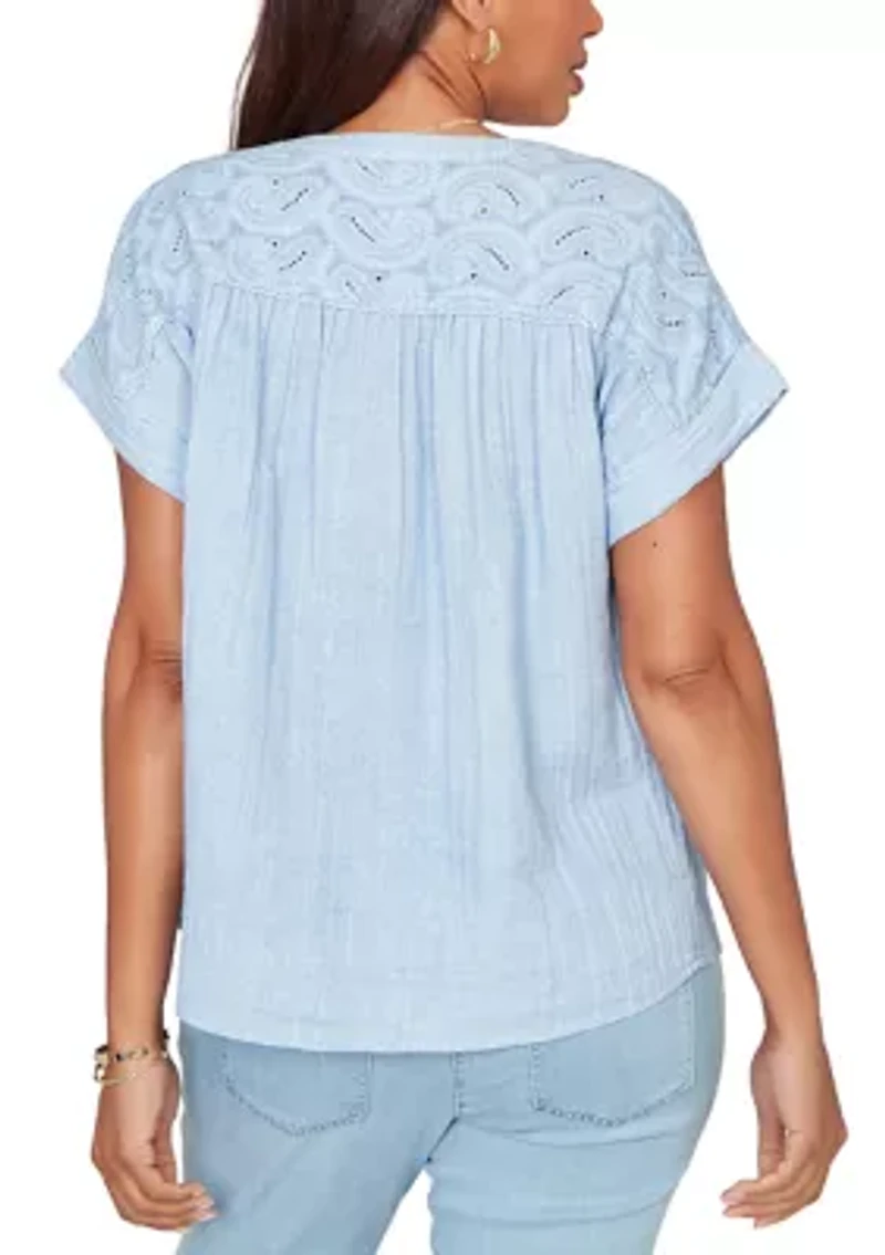 Petite Paisley Embroidered Gauze Button Top