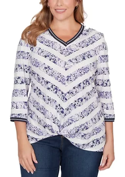 Plus Floral Stripe Twist Front Knit Top