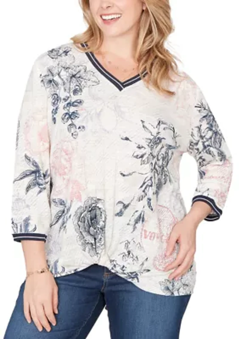 Plus Botanical Stamp Knit Twist Front Top