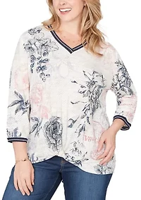 Plus Botanical Stamp Knit Twist Front Top