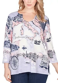 Plus Coastal Sketch Cotton Top