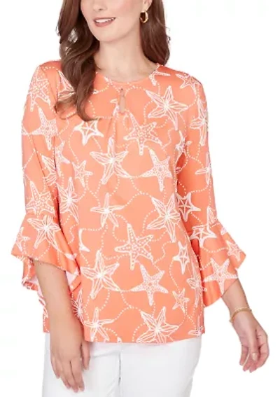 Women's Starfish Puff Print Flutter Sleeve Top