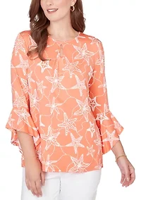 Women's Starfish Puff Print Flutter Sleeve Top