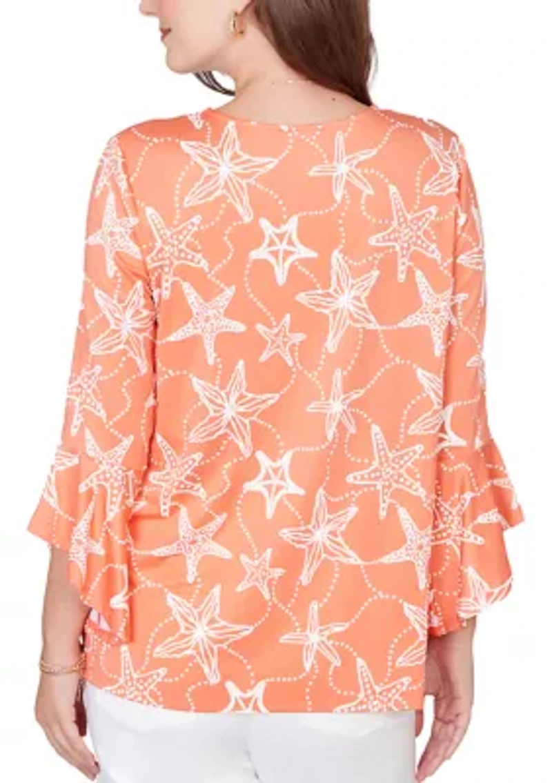 Women's Starfish Puff Print Flutter Sleeve Top