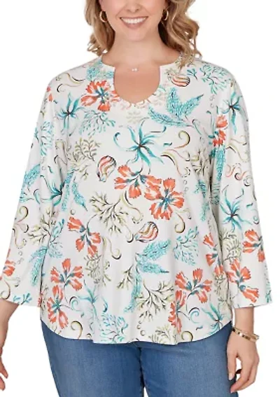 Plus Embellished Oceania Floral Knit Top