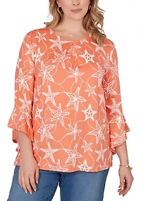 Plus Starfish Puff Print Flutter Sleeve Top
