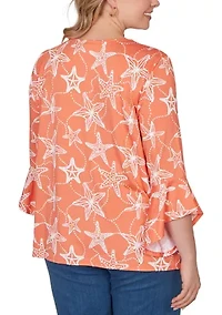 Plus Starfish Puff Print Flutter Sleeve Top