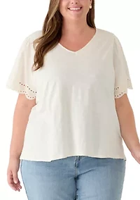 Plus Eyelet Poplin Sleeve Slub Knit Top
