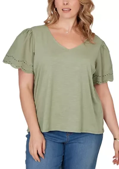 Plus Eyelet Poplin Sleeve Slub Knit Top