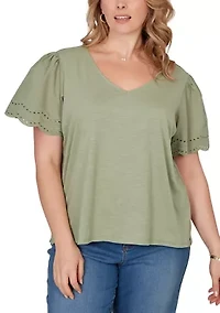 Plus Eyelet Poplin Sleeve Slub Knit Top