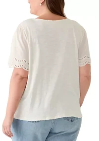 Plus Eyelet Poplin Sleeve Slub Knit Top