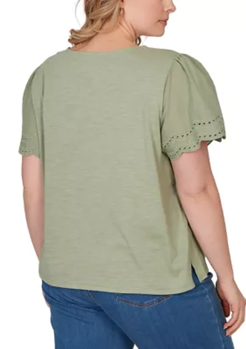 Plus Eyelet Poplin Sleeve Slub Knit Top