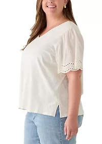 Plus Eyelet Poplin Sleeve Slub Knit Top