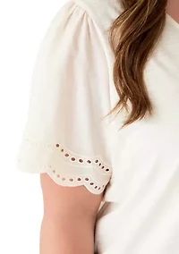 Plus Eyelet Poplin Sleeve Slub Knit Top