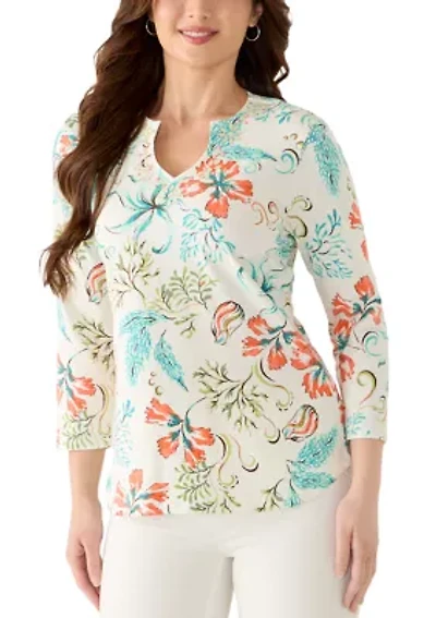 Petite Embellished Oceania Floral Knit Top