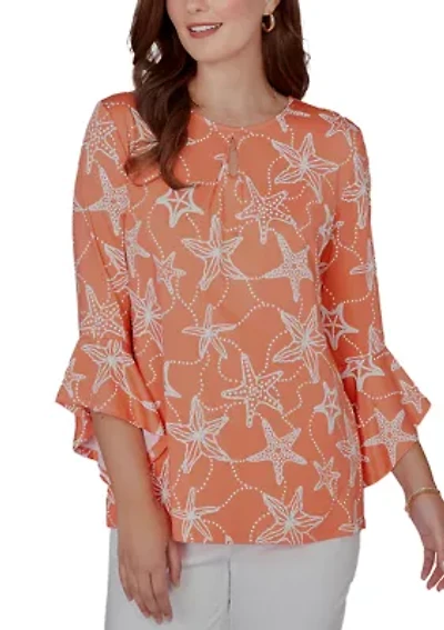 Petite Starfish Puff Print Flutter Sleeve Top