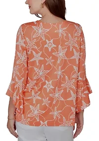 Petite Starfish Puff Print Flutter Sleeve Top