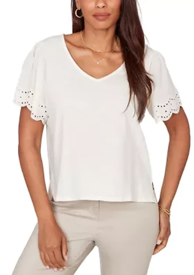 Petite Eyelet Poplin Sleeve Slub Knit Top