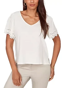 Petite Eyelet Poplin Sleeve Slub Knit Top