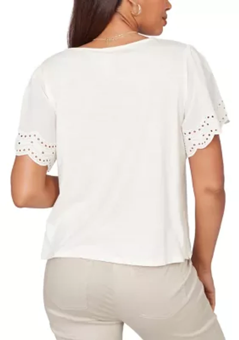 Petite Eyelet Poplin Sleeve Slub Knit Top