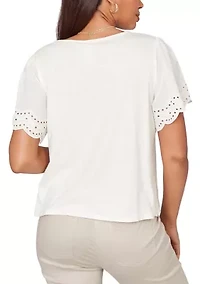 Petite Eyelet Poplin Sleeve Slub Knit Top
