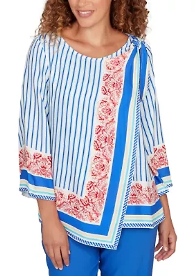 Women's Striped Scarf Print Tie Shoulder Top