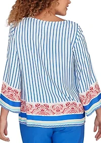 Women's Striped Scarf Print Tie Shoulder Top