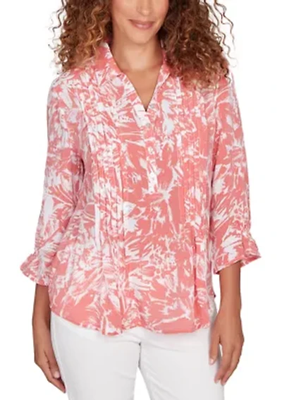 Women's Brushstroke Floral Pleated Popover Top