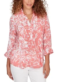 Women's Brushstroke Floral Pleated Popover Top
