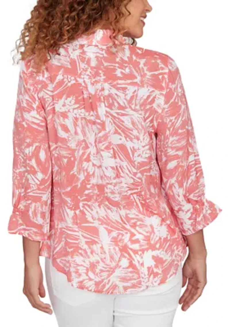 Women's Brushstroke Floral Pleated Popover Top