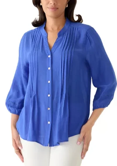 Women's Pleated Silky Slub Button Front Top