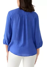 Women's Pleated Silky Slub Button Front Top