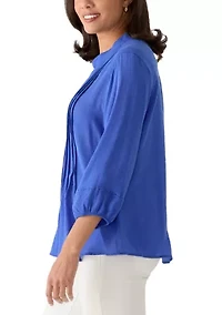 Women's Pleated Silky Slub Button Front Top