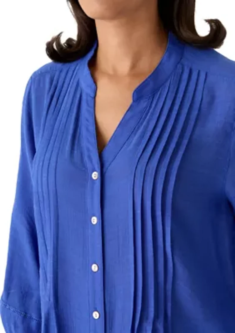 Women's Pleated Silky Slub Button Front Top