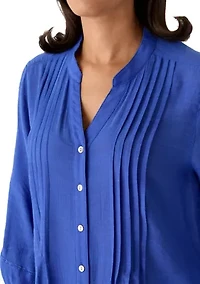 Women's Pleated Silky Slub Button Front Top