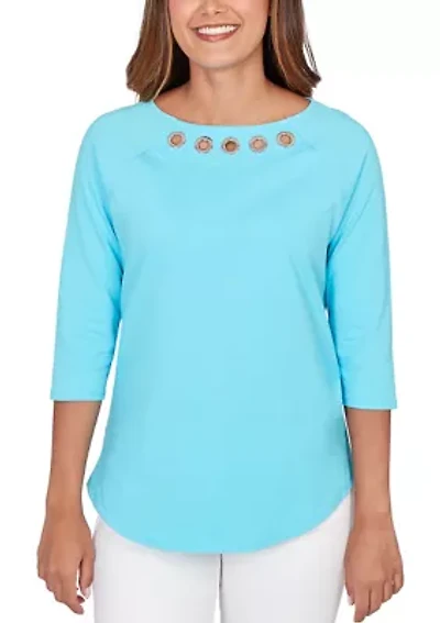Women's Grommet Neck Solid Knit Top