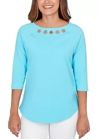Women's Grommet Neck Solid Knit Top