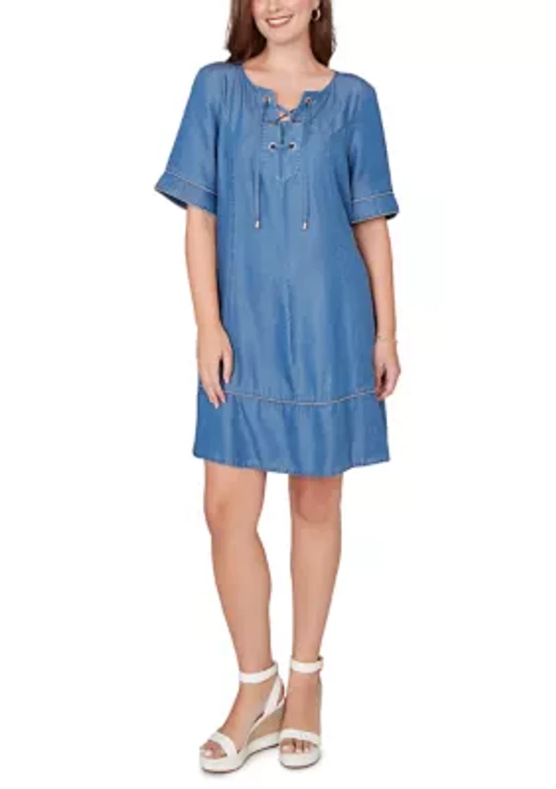 Women's Elbow Split Neck Lace Up Dress