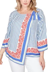 Plus Striped Scarf Print Tie Shoulder Top