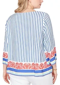 Plus Striped Scarf Print Tie Shoulder Top