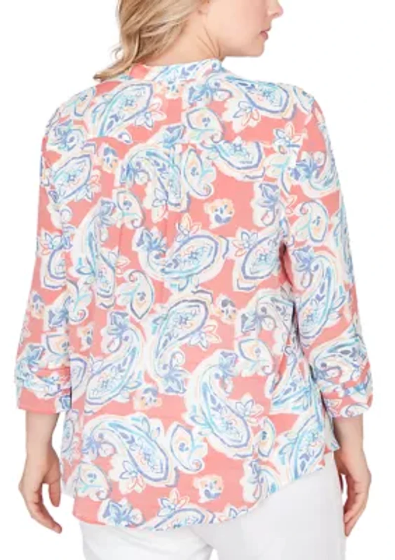 Painterly Paisley Gauze Button Front Top